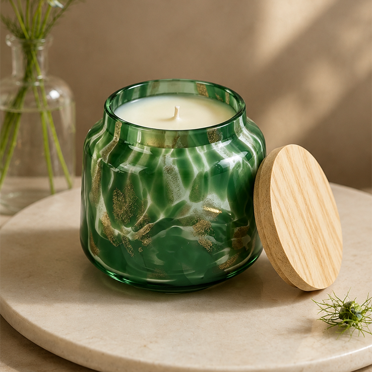 Juicy Blackcurrant, Raspberry Leaf & Soft Violet Powder Candle, Decorative Art Glass Candle Jar with Wood Lid