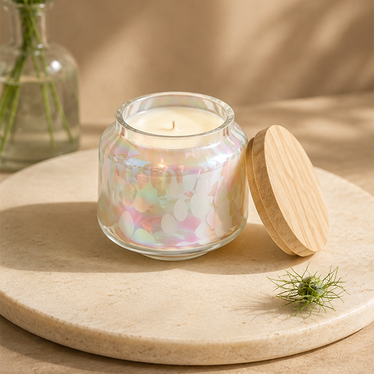 Juicy Blackcurrant, Raspberry Leaf & Soft Violet Powder Candle, Decorative Art Glass Candle Jar with Wood Lid